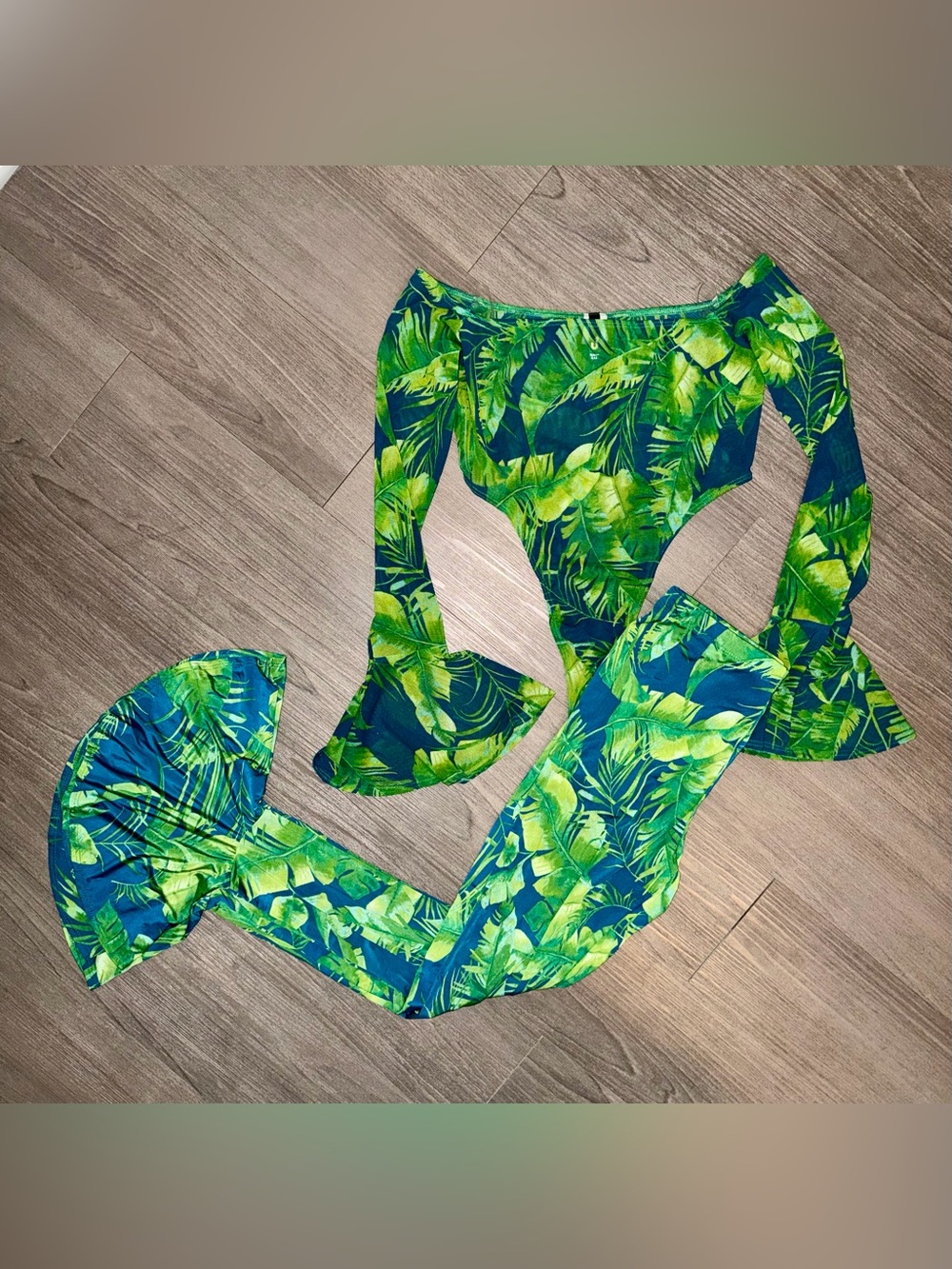 UPTOWN USA Bodysuit Flared Leggings Pants Tropical Floral Long Sleeve Set